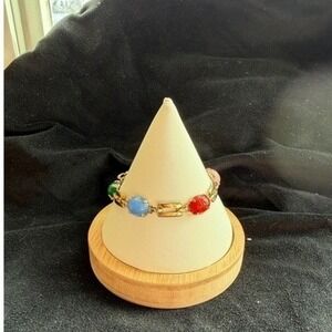 Vtg Egyptian Revival Scarab Bracelet, Multi Color Glass Intaglio Carved